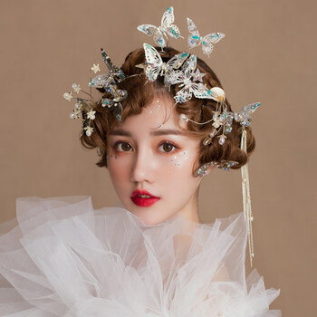 亚弗新娘蓝色秀禾头饰结婚中式蝴蝶婚纱秀禾服发饰影楼写真造型配饰女