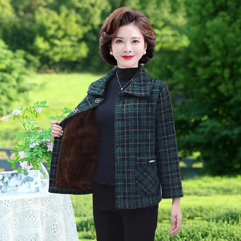 迪葵纳中年妈妈冬装加绒外套小个子中老年女格子短款上衣绿色大格xl码