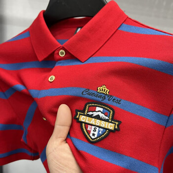 他她千金中年polo衫短袖t恤男本命年红色丝光棉体恤夏季薄款条纹翻领