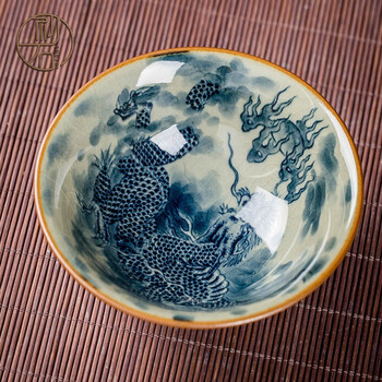 初石 景德镇陶瓷柴窑手工单杯手绘老陶泥龙凤永乐压手杯龙纹青花瓷