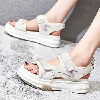 风凉鞋女夏季2022年新款女士露趾轻便厚底魔术贴休闲沙滩鞋透气米紫35