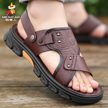 稻草人凉鞋男真皮夏季新款男士防滑沙滩鞋男外穿头层牛皮凉拖鞋男两用