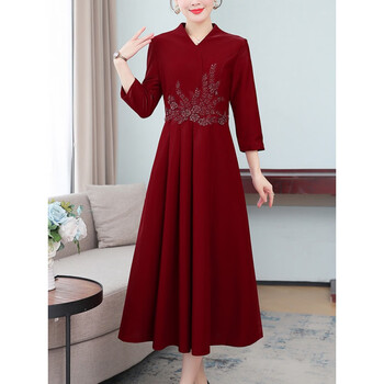 婆婆婚宴装旗袍连衣裙女23春秋高贵妈i妈洋气结婚红色气质礼服酒红色m