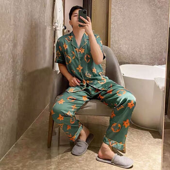 睡衣冰丝春秋季长袖长裤韩版加肥加大码开衫可外穿家居服套装男绿色lv