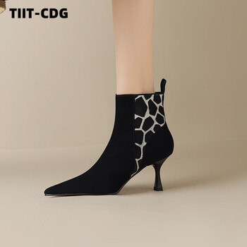 tiitcdg轻奢潮牌欧美时尚马毛拼色短靴女单靴尖头细高跟气质磨砂羊皮