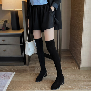 奕辕大东过膝长靴女2022年秋冬新款系带高跟长筒靴加绒弹力靴中跟显瘦