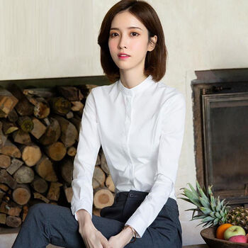 立领衬衫女春秋新款长袖白色衬衣修身气质通勤工作服职业正装上衣白色