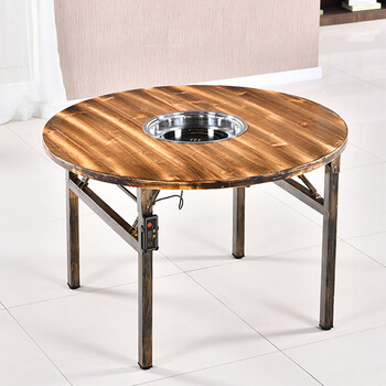 实木餐桌圆形火锅桌碳化折叠桌家用户外圆桌农家乐复古餐桌椅组合同款