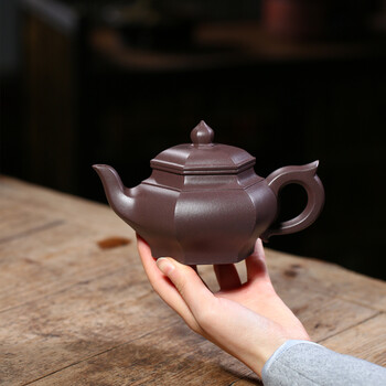 壶来运转 宜兴紫砂壶全纯手工茶壶原矿家藏老料老紫泥六方笑樱壶