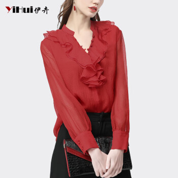 伊卉（YIHUI）荷叶边v领雪纺衫女设计感洋气红色衬衫气质通勤上衣2024春装新款 红色 S