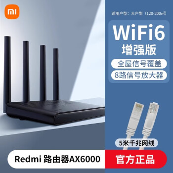 小米红米Redmi路由器AX6000千兆端口5G双频无线wifi6增强穿墙王 Redmi路由器AX6000+5米千兆网线