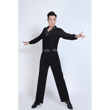 男士拉丁舞服装上衣摩登舞上衣国标舞蹈服装交谊舞上衣烫钻 黑色 图片