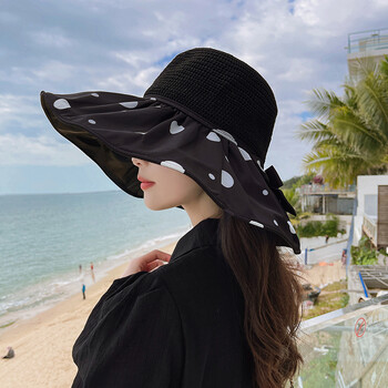 慕瑾繁饰黑胶沙滩大檐帽女夏季镂空草帽遮阳帽日系百搭遮脸渔夫帽黑色