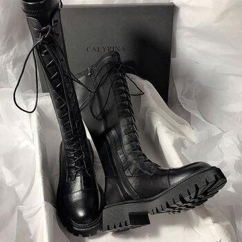 长靴马丁靴网红瘦瘦靴子 红蜻蜓自营旗舰店黑色前系带侧拉链厚底加绒