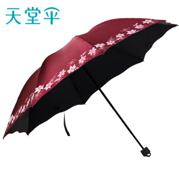 天堂伞 三折伞防晒太阳伞黑胶加厚变色闪光布晴雨两用伞内花女神雨伞 深红色