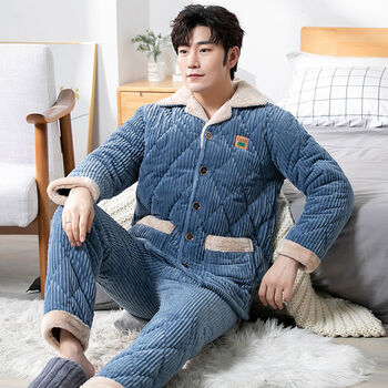 男秋冬加厚睡衣士睡衣冬三层加厚加绒珊瑚绒夹棉保暖法兰绒棉袄家居服