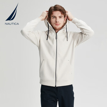 诺帝卡nautica男装春秋休闲纯色纯棉拉链开襟连帽针织卫衣0gg浅米色