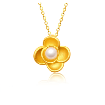 宁夫人顺丰速运999足金山茶花项链女黄金吊坠颈链3d硬金珍珠挂坠足金