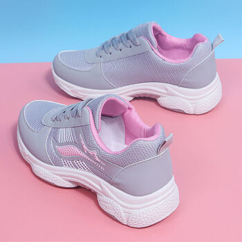 春秋女鞋新款休闲运动鞋网面透气韩版百搭厚底板时尚单鞋妈妈鞋浅灰色