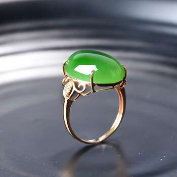 老凤祥风格 和田玉碧玉戒指金镶玉活口戒指18k玫瑰金镶嵌食指戒指女款