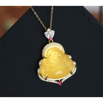 玥程蜡弥勒佛吊坠女项链蜜蜡鸡油黄净水金七夕情人节礼物送男女朋友