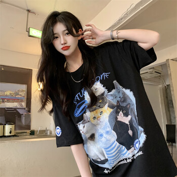 服饰内衣>女装>女士t恤>京蝌蝌>京蝌蝌美式炸街复古潮流猫咪印花纯棉