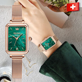 欧利时(olevs)瑞士复古轻奢小众小綠表手表女士简约气质长方形女表