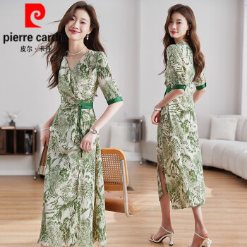 皮尔卡丹（pierre cardin）时尚洋气印花连衣裙女2024年夏季修身显瘦减龄中长款字裙子针织 绿色 M
