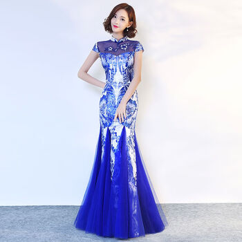 缤其新款时尚表演青花瓷鱼尾旗袍年会宴会主持人演出服晚礼服蓝色蓝色