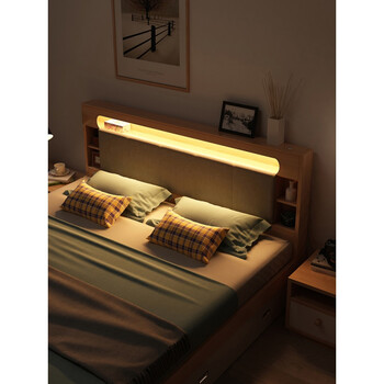 气动高箱储物床原木色小户型床头带灯箱体床抽屉床收纳箱式油壓床 储