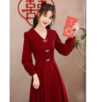 烟花烫敬酒服新娘小个子结婚订婚礼服女回门便装平时可穿长袖 酒红色