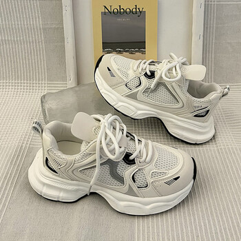 红蜻蜓鞋子网面透气老爹鞋女2023新款秋冬网红增高运动鞋超火白色35