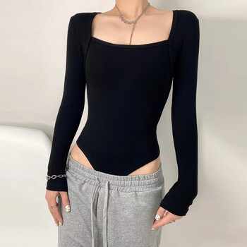 喜头羊风秋季新品连体女t恤平口露肩弹力连裆连身上衣黑色68066长s