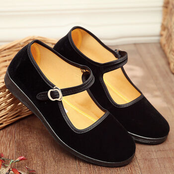 老北京布鞋女鞋黑色工作鞋一字扣带酒店鞋平底防滑舞蹈鞋中年单鞋