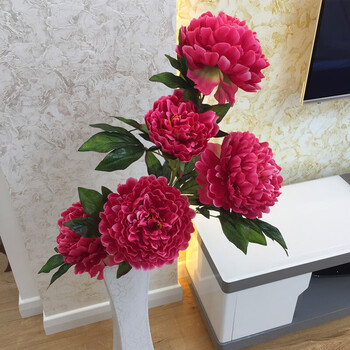 客厅假花仿真花落地高枝牡丹花室内装饰大红色绢花中式塑料花摆件 5头
