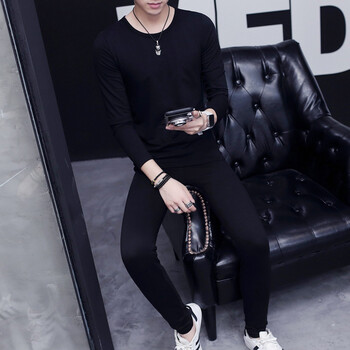 内衣套装薄款秋衣秋裤一套秋季青年内穿男秋衣裤成人韩版 黑衣黑裤 否