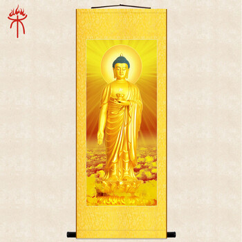 上焱下木西方三圣接引佛画像阿弥陀佛大势至观世音菩萨佛像画丝绸卷轴