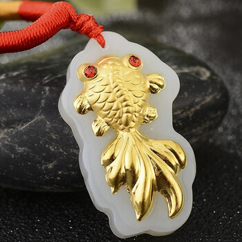 金镶玉和田玉镶金18k金镶和田玉宝石金鱼女款吊坠送女友大号吊坠证书