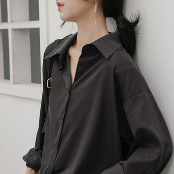 冷淡风复古质感垂感灰色衬衫女宽松长袖慵懒春秋外套港味百搭衬衣sn