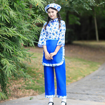 采茶服装女纯棉客家采茶舞服装女阿庆嫂网红农村大花衣服 白底蓝花