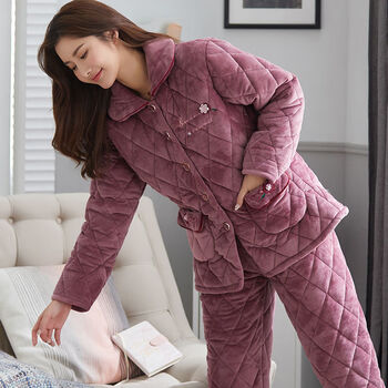 睡衣女特厚睡袄棉裤睡衣女冬夹棉加厚法兰绒家居服加棉长袖套装珊瑚绒