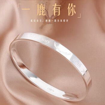 经典传承银手镯女999足银一鹿有你年轻时尚简约闭口实心足银镯子内径