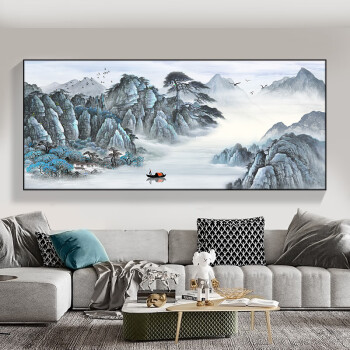 风景画大气单幅横幅办公室山水画中国风国画室内画am109背有靠山