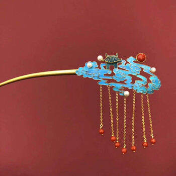 dleo点翠发簪云烧蓝花丝工艺嵌宝古风汉服小众流苏步摇发饰 单发簪
