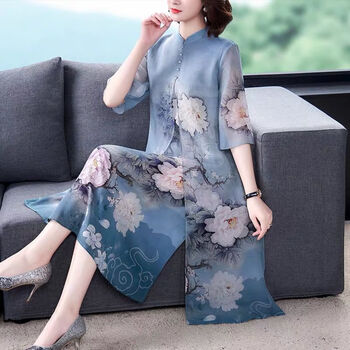 毕航唐装中国风女装国潮时尚民国风中式改良版妈妈装连衣裙夏雪纺旗袍