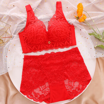 浪莎本命年文胸新年红色内衣套装女结婚新娘小胸聚拢厚无钢圈四排扣罩