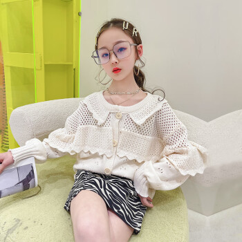 女童韩版针织开衫2021春装新款儿童公主甜美翻领上衣女宝百搭衬衫 米白色 110cm
