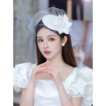 lennik法式白色网纱遮面小礼帽新娘头饰绢花唯美超仙优雅韩式 帽子
