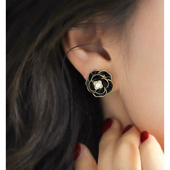 瓒橙轻奢黑耳夹女无耳洞感轻奢黑色玫瑰花朵七夕情人节礼物送男女朋友