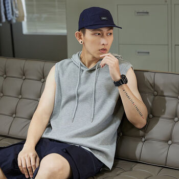 昔佰无袖卫衣男夏季新款hiphop连帽坎肩运动背心美式重磅t恤潮牌灰色s